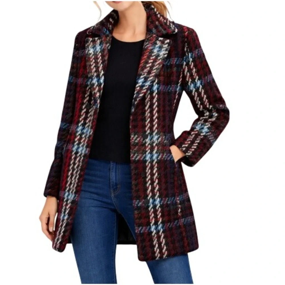 H&M Women's Red Check Snap Front Wool‎ Blend Jacquard Coat Size S